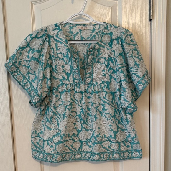 Marea Women’s Aqua Blue and White Cotton Patterned Blouse size Small - Picture 1 of 6